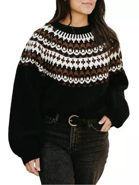 Brunette The Label Black, Cream & Brown Fair Isle Turtleneck Sweater